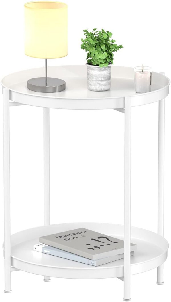 2 Tier End Table - Metal Side Table Waterproof Small Sofa Side Tables Bedroom Indoor Outdoor with Removable Tray for Living Room Bedroom Balcony and Office (White)